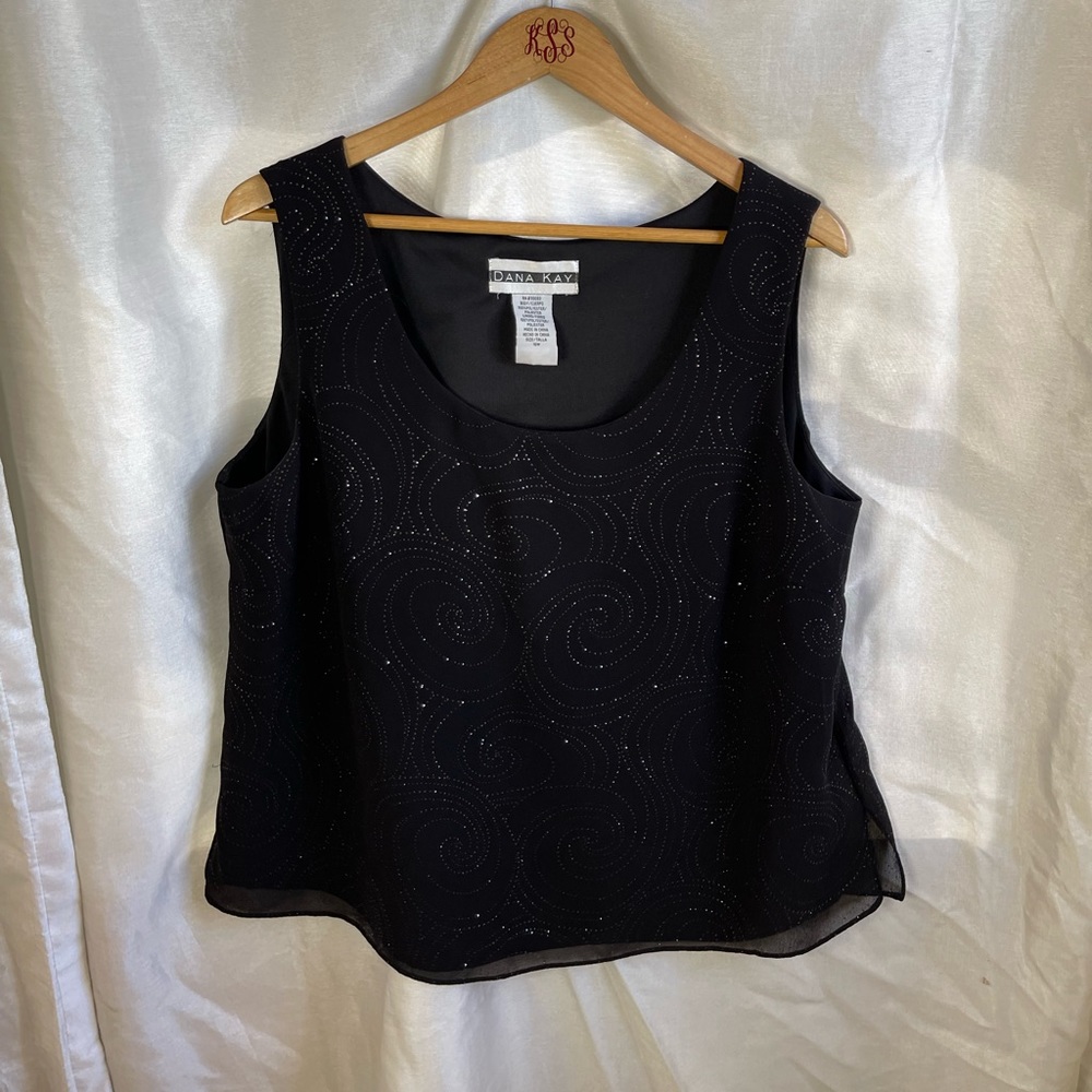 y2k Plus Size Black Sheer Silver Glitter Polka Dot Swirl Print Tank Top Blouse